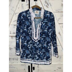 Nicoblu  Tunic 3/4 Sleeve Blue White Piping Palm Tree Animals Vine Size S NWOT